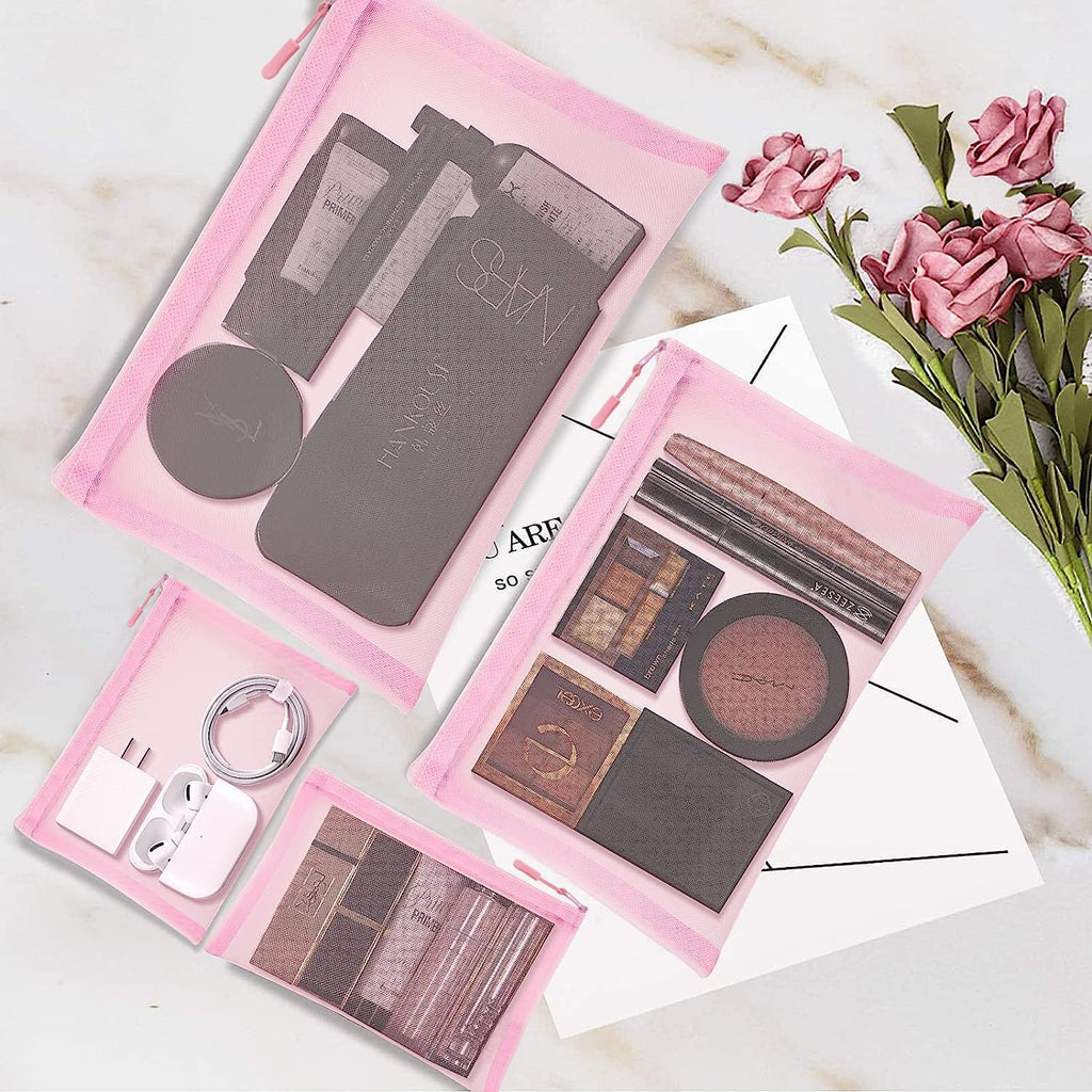 Set of 4 Mesh Makeup Bags Mesh Cosmetic Bag Travel Organizer Pouch with Zipper Diaper Toiletries Pouches for Women and Men(Pink)