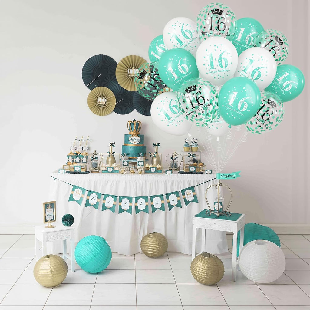 Happy 16Th Birthday Balloons Girls, 15Pcs Teal White 16Th Birthday Decorations Boys, Turquoise White Confetti 16Th Bday Party Balloons for Girl Sweet 16 Years Old Age Birthday Party Decor Supplies