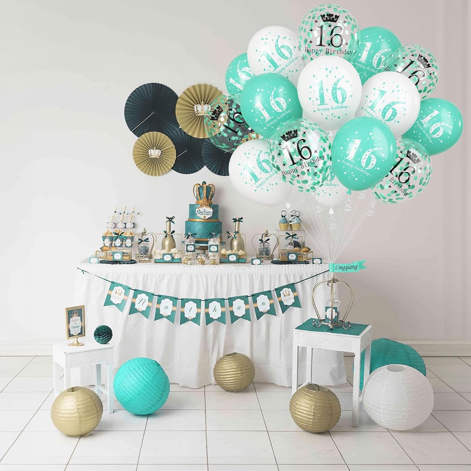 Happy 16Th Birthday Balloons Girls, 15Pcs Teal White 16Th Birthday Decorations Boys, Turquoise White Confetti 16Th Bday Party Balloons for Girl Sweet 16 Years Old Age Birthday Party Decor Supplies