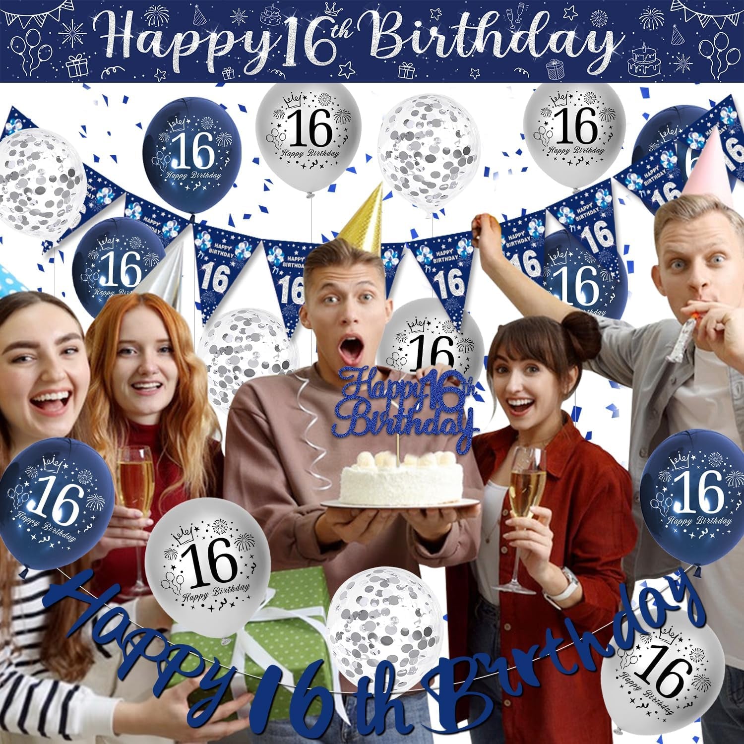 16Th Birthday Decorations Boys, Blue and Silver Happy 16Th Birthday Banner, Navy Blue and Sliver 16Th Birthday Balloons, Confetti Balloons 16Th Party Decorations for Boy, 16Th Birthday Party Supplies