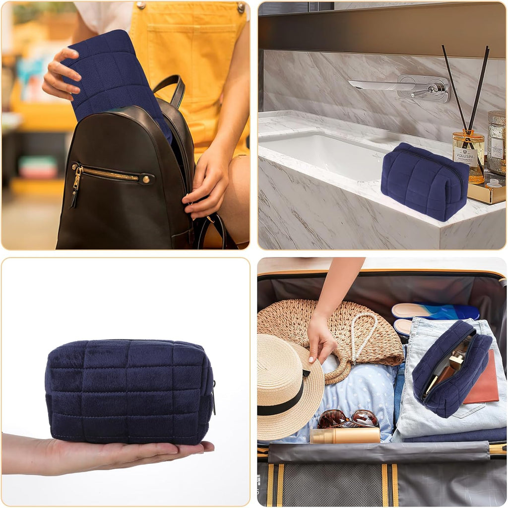 Makeup Bag Soft Pouch Pencil Case Aesthetic Cosmetic Pouch Bathroom Shower Fuzzy Plush Toiletry Organizer Make up Organize Accessories Travel Bag Y2K Purse Containers Women (Navy)