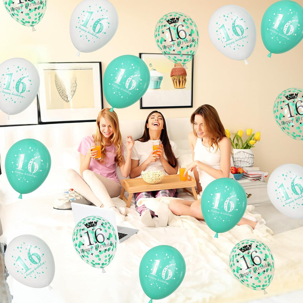 Happy 16Th Birthday Balloons Girls, 15Pcs Teal White 16Th Birthday Decorations Boys, Turquoise White Confetti 16Th Bday Party Balloons for Girl Sweet 16 Years Old Age Birthday Party Decor Supplies