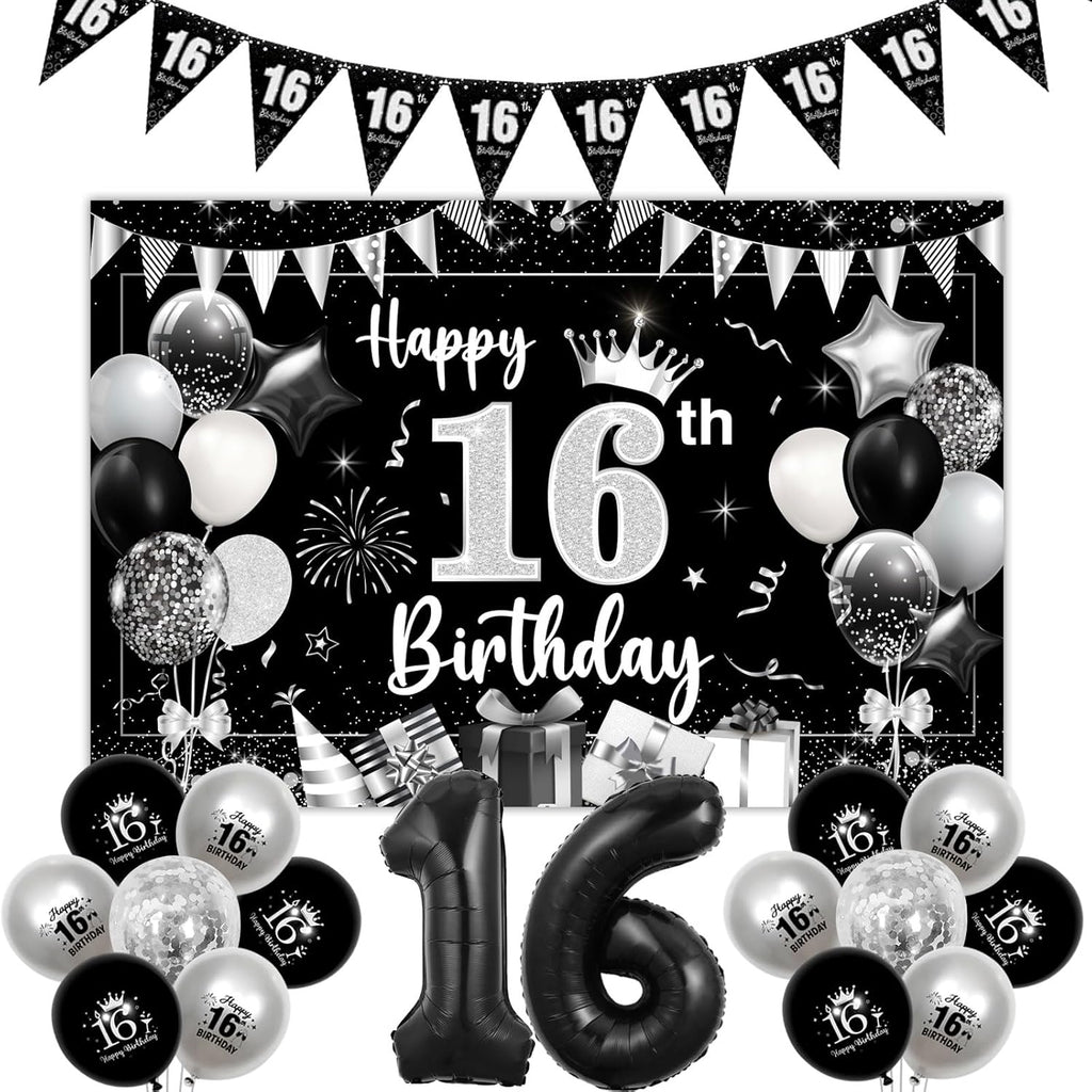 16Th Birthday Decorations Silver, Happy Birthday Backdrop Banner 16Th Birthday Bunting Black Silver Girls, Black 16 Foil Balloon Confetti Balloons for Sweet Sixteen 16 Years Birthday Party