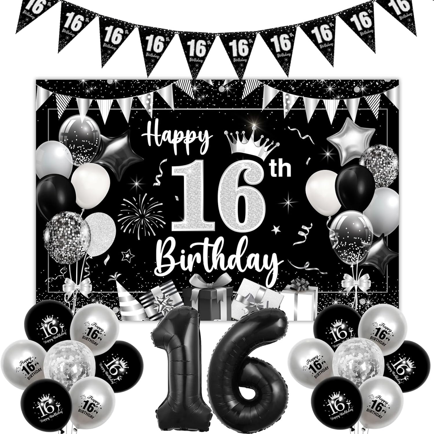 16Th Birthday Decorations Silver, Happy Birthday Backdrop Banner 16Th Birthday Bunting Black Silver Girls, Black 16 Foil Balloon Confetti Balloons for Sweet Sixteen 16 Years Birthday Party