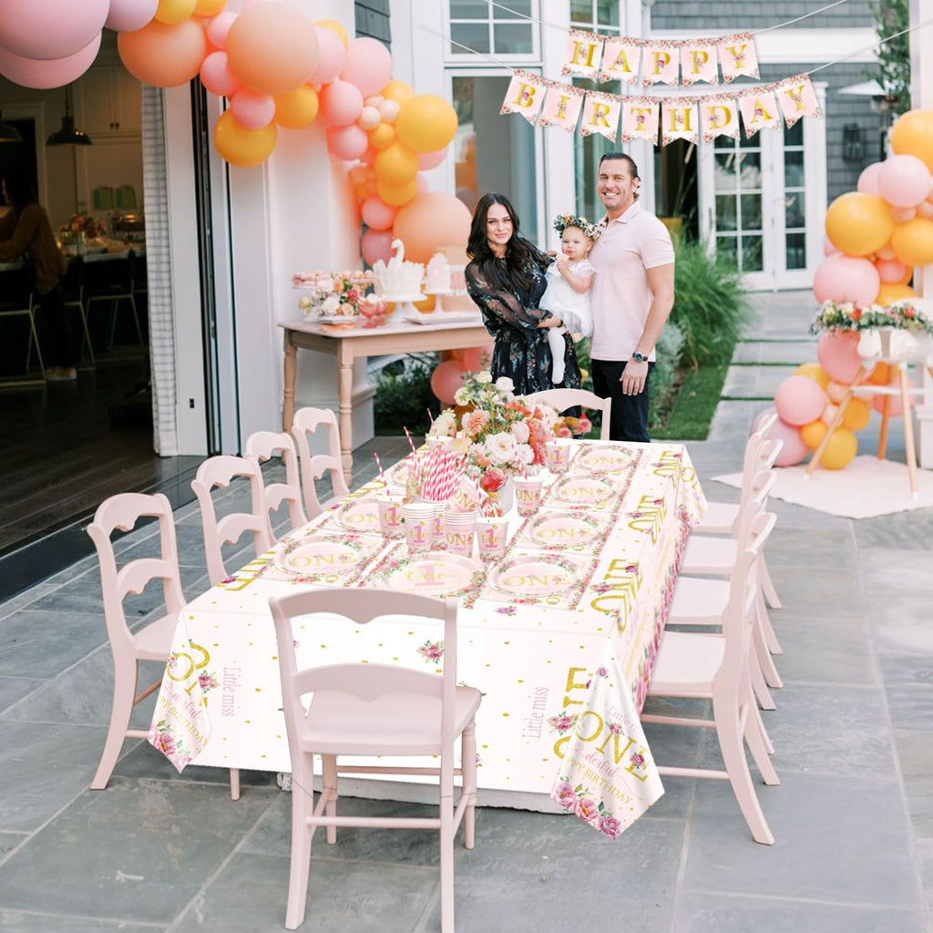 Floral 1St Birthday Party Decorations, Include Happy Birthday Banner, Paper Plates, Cups, Napkins, Little Miss Onederful Tablecloth for Girls First Birthday Party Decor Supplies, Serve 20 Guests
