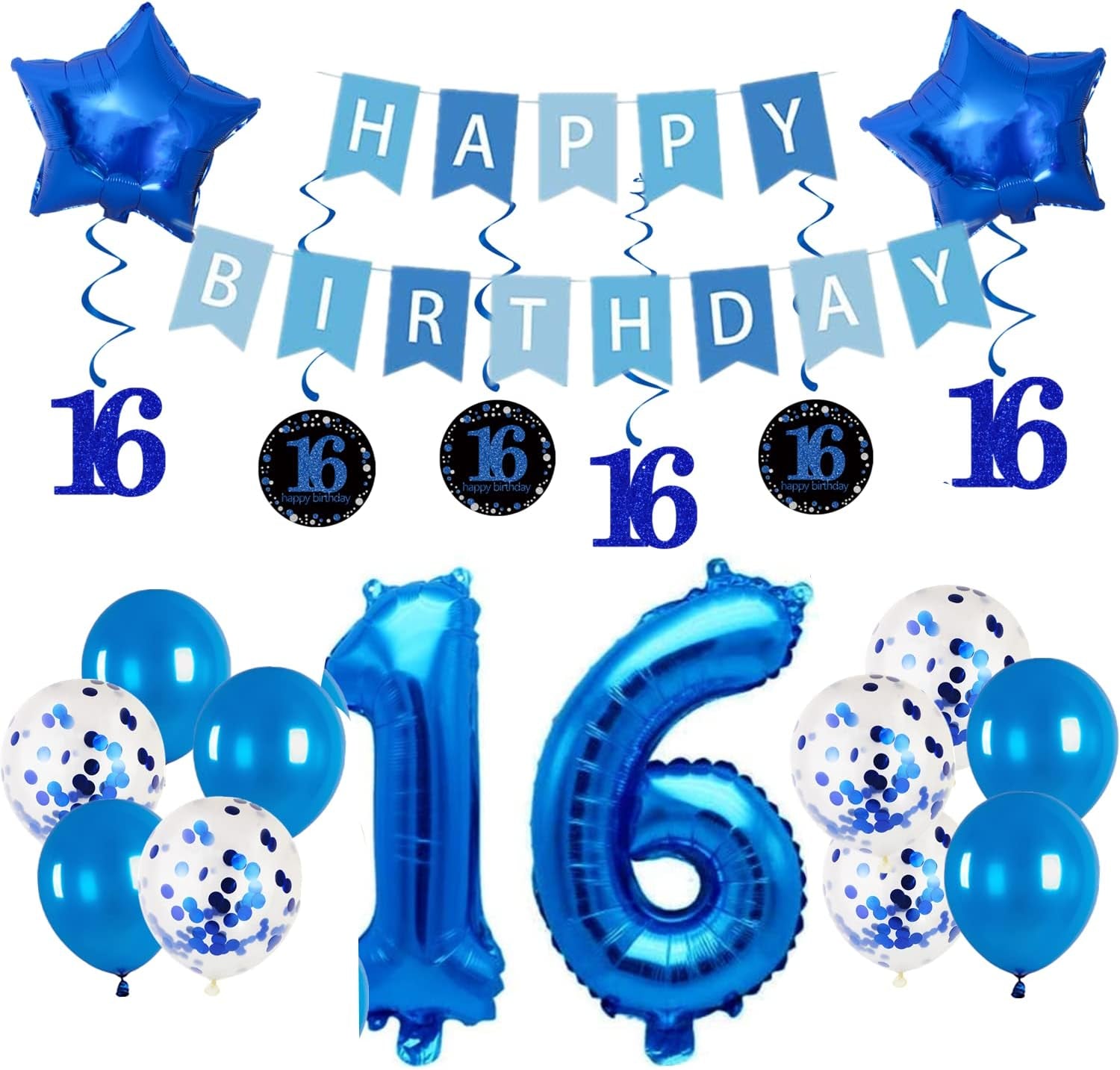 16Th Birthday Decorations for Boys Girls,32In Number 16 Birthday Foil Balloons with Swirl Decorations Happy Birthday Banner and Star Foil Balloons 10PCS Confetii and Latex Balloons Blue