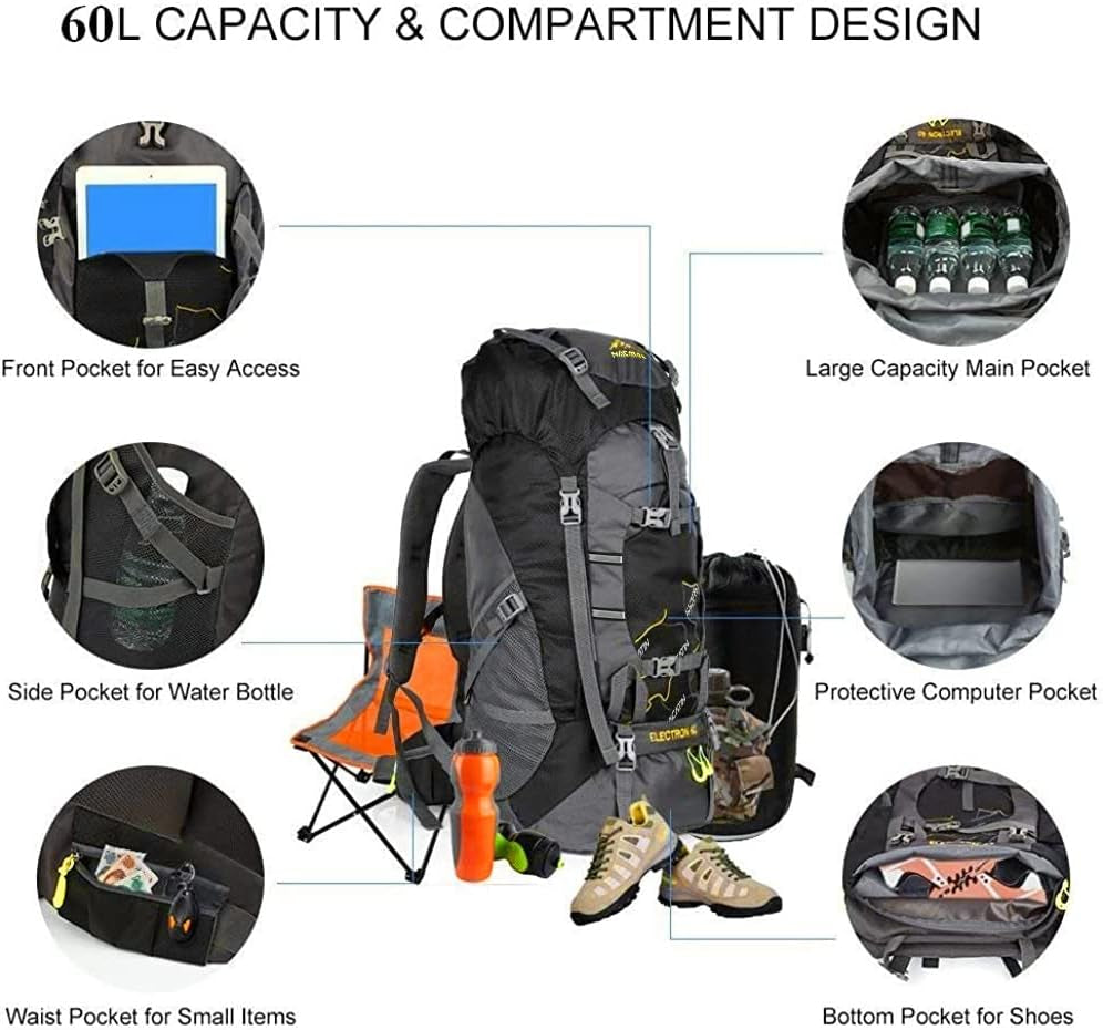 Hiking Backpack, 60L Lightweight Large Rucksack for Men Women, Tear and Water-Resistant for Climbing Fishing Travel
