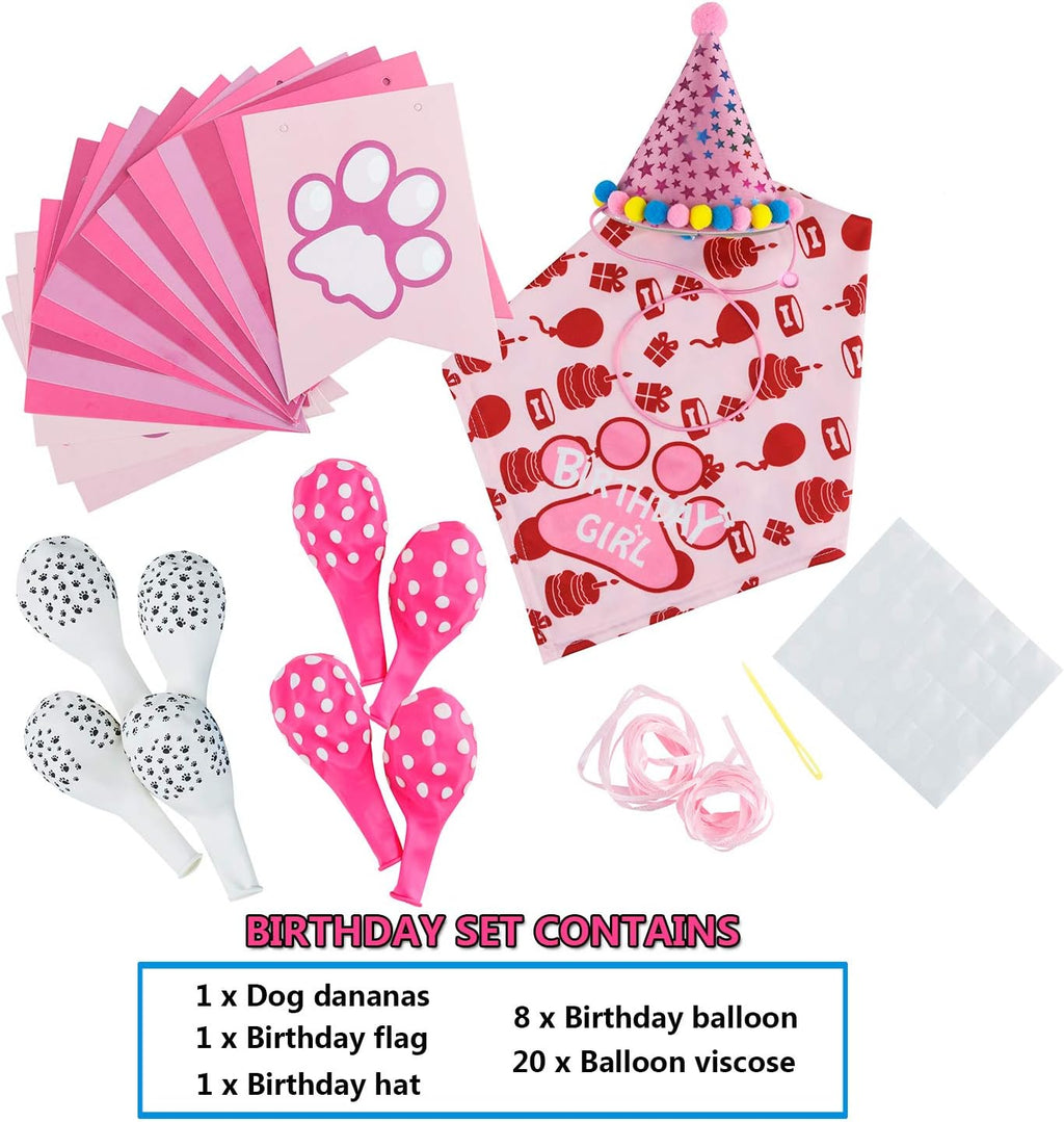 Dog Birthday Bandana, Dog Birthday Boy Hat Scarfs Flag Balloon with Cute Doggie Birthday Party Supplies Decorations (Style1, Pink)