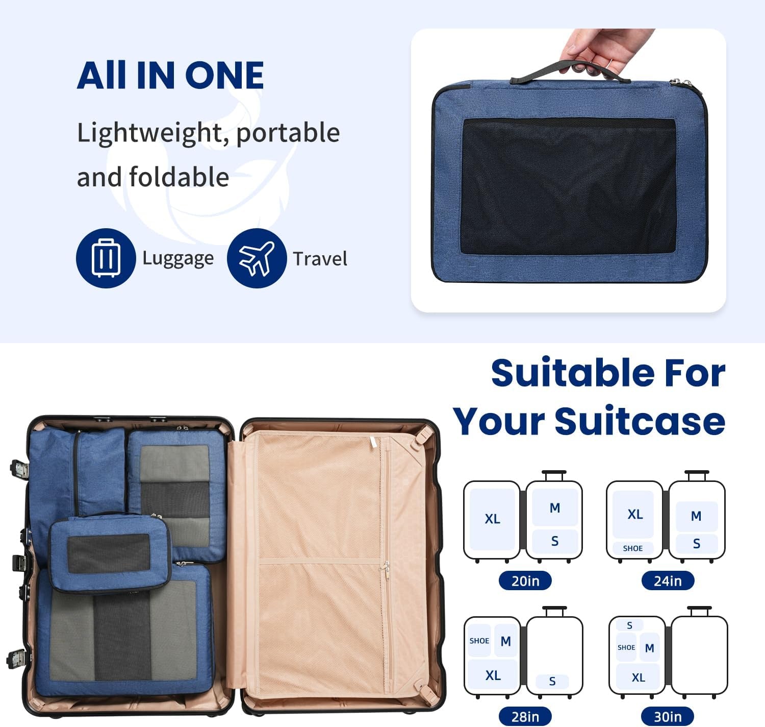 Large Compression Packing Cubes, Full Open Visible Design， Expandable Packing Organizer with Travel Shoe Bag for Suitcase & Backpack, 4 Set Lightweight Travel Bags for Vacation & Camping