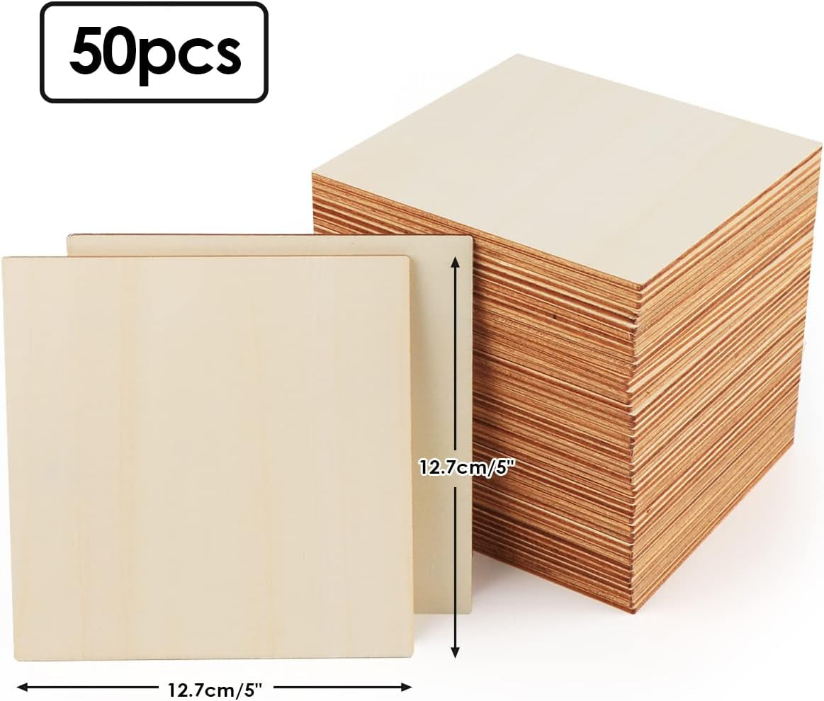 12,7 X 12,7 X 3Cm Natural Wooden Square for Woodcraft,50Pcs Unfinished Plain Wood Pieces,Blank Wood Slices for DIY Crafts Home Painting Staining Unfinished Wood Cup Coasters Laser Engraving Carving