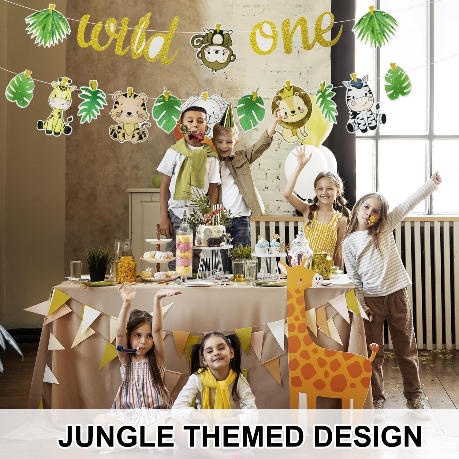 Wild One Jungle Animal Birthday Banner - Safari Theme Party Decoration for First Birthday, Easy to Hang
