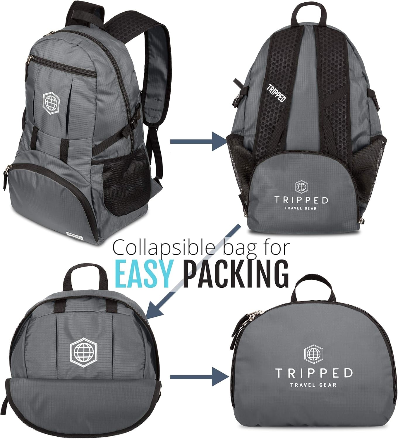 Granite Grey 35L Foldable Backpack, Lightweight, Packable, with Padded Shoulder Straps, Ideal for Travel, Hiking, and Everyday Use