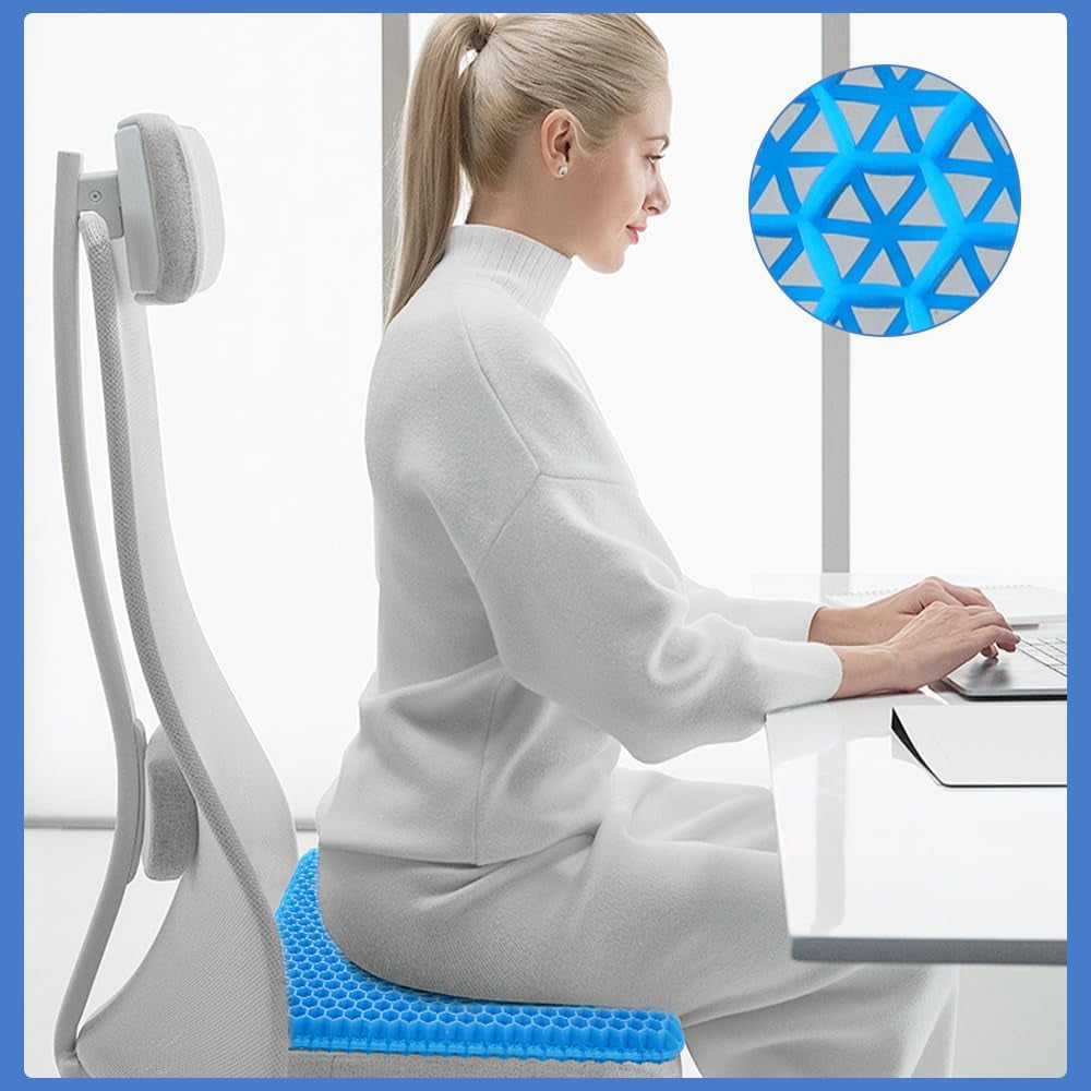 Gel Seat Cushion, Double Thicken Honeycomb Cushion with Ice Non-Slip Cover, Gel Cushion for Sitting with Relieving Back Coccyx Pain Pressure, Soft Sitter for Home Office Car (Square 40*35*2.4)