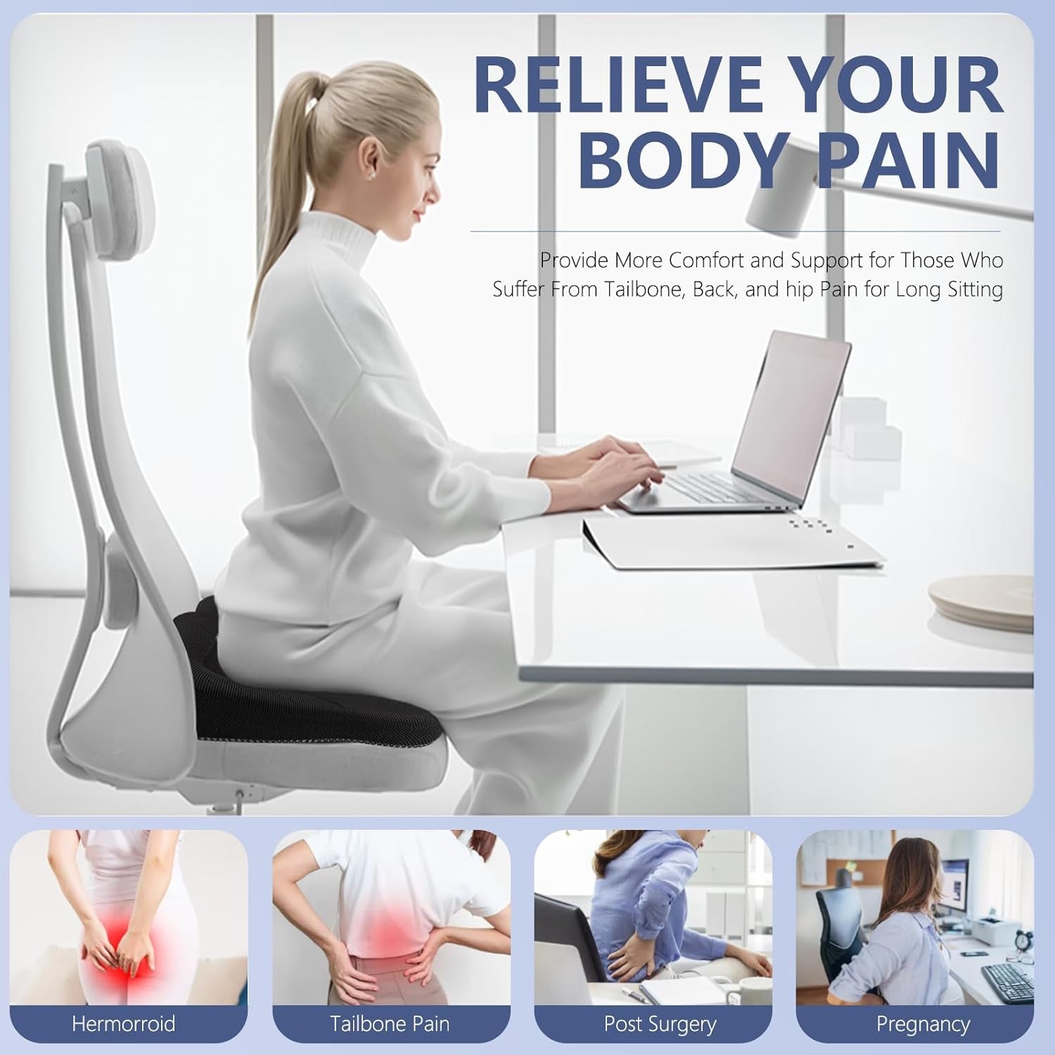 Gel Seat Cushion, Thicken Big Office Chair Cushion Chair Seat Pads for Long Sitting, Sciatica Hip Pain Relief, Egg Seat Cushion for Wheelchair Car Office Home Travel Outdoor