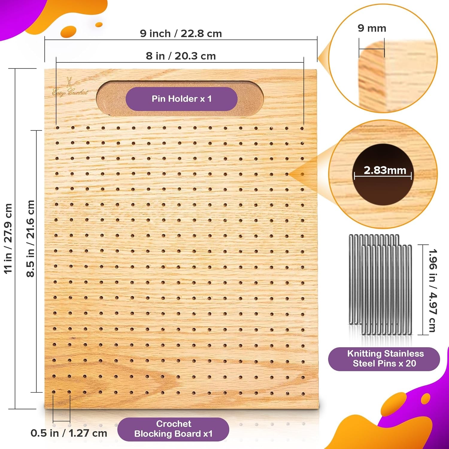 - Blocking Board for Crochet and Knitting - Wooden Blocking Mats for Knitting 20 Stainless Steel Pins and Pin Holder | Bonus Crochet E-Book - 11 X 9 Inches