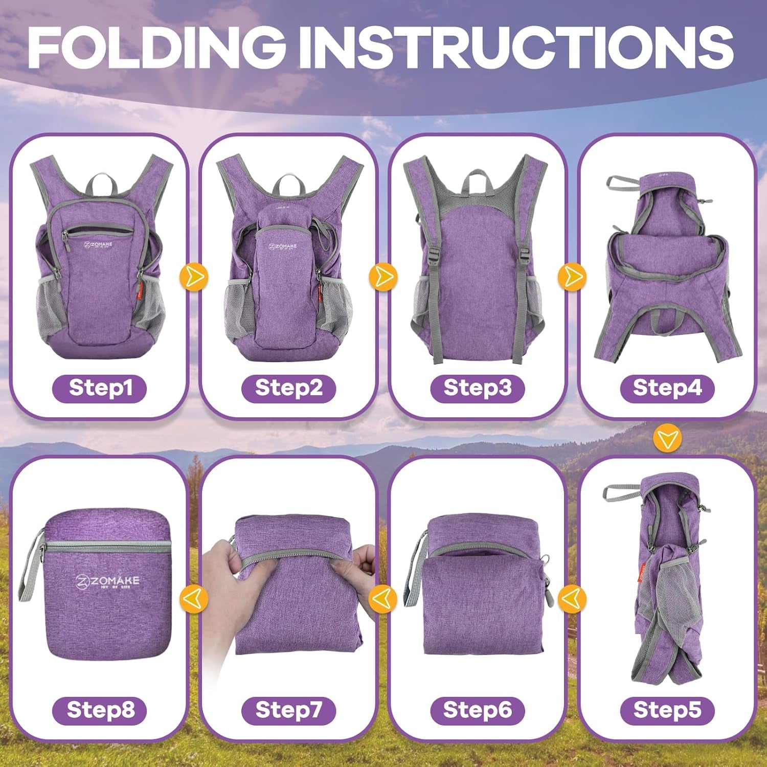 Ultra Lightweight Packable Backpack, 10L Small Daypack Light Foldable Backpacks Water Resistant Day Bag for Hiking (Light Purple)