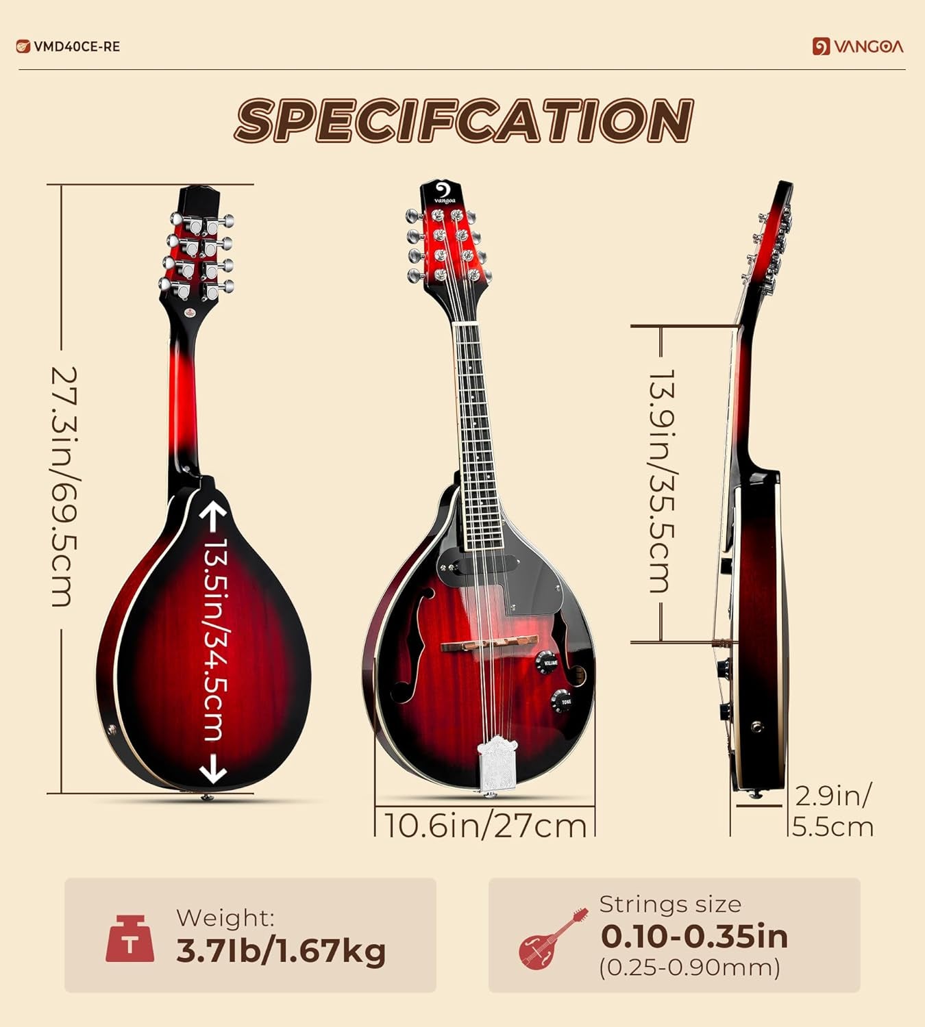 a Style Mandolin Acoustic Electric Mandolins Instrument for Beginner Red Sunburst Mahogany with Gig Bag Picks Strings Tuner Strap