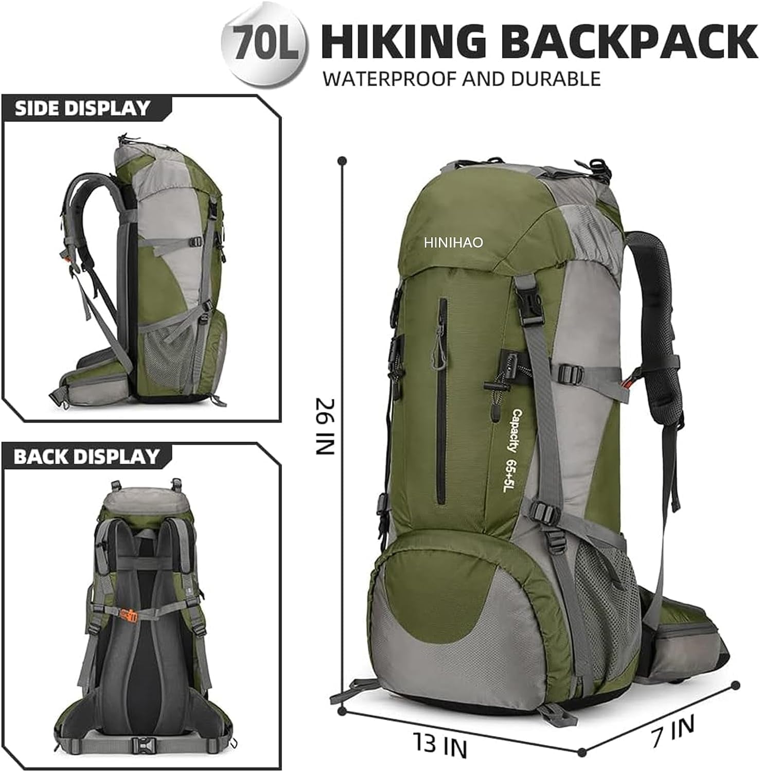 70L Camping Hiking Backpack with Rain Cover Backpacking Backpack for Treeking Outdoor Travel Pack (70L Green)
