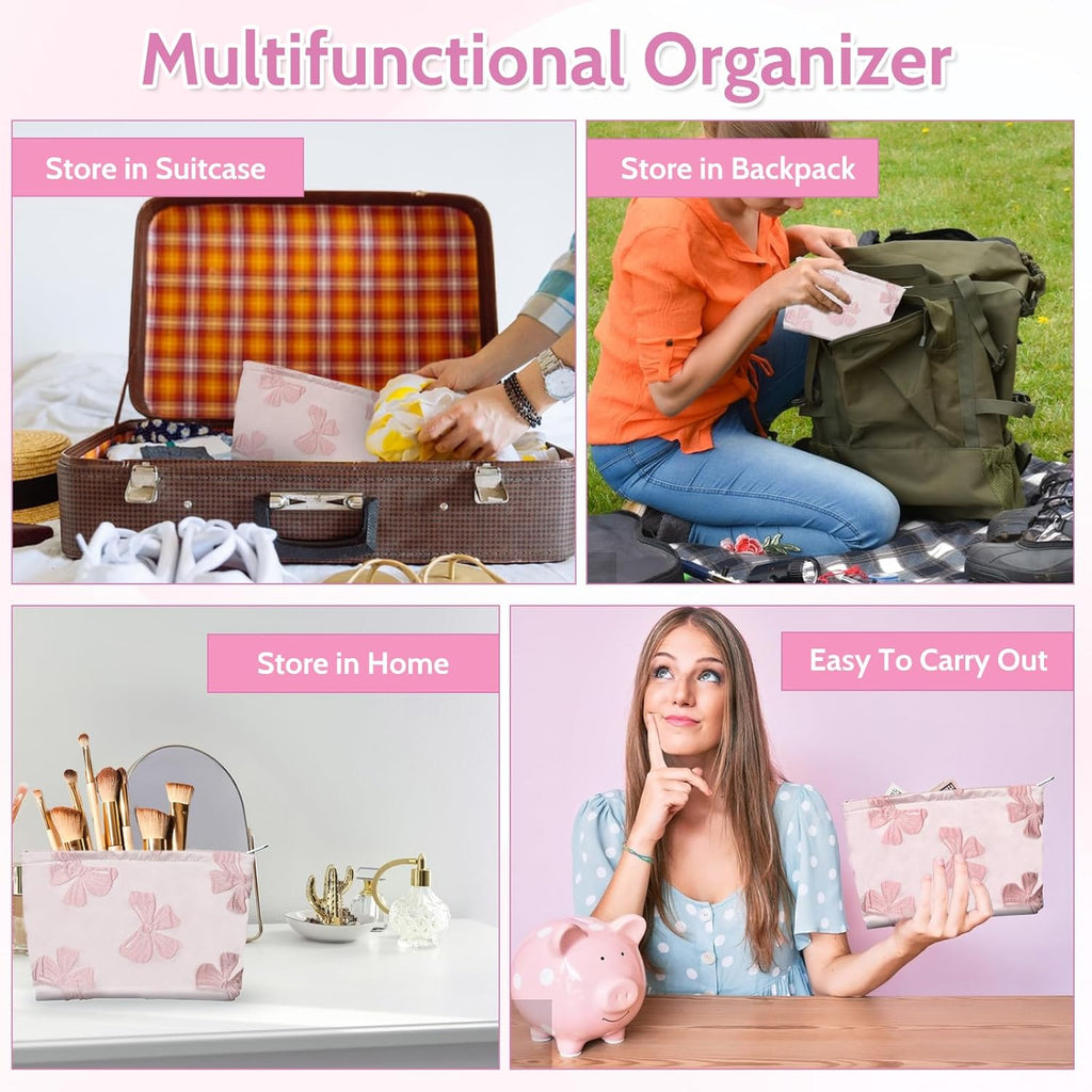 Makeup Bag Large Capacity Elegant Bow Preppy Cosmetic Bag Aesthetic Design Canvas Zipper Organizer Pouch Cute Roomy Pink Portable Toiletry Bag for Women Girls Travel Storage Accessories