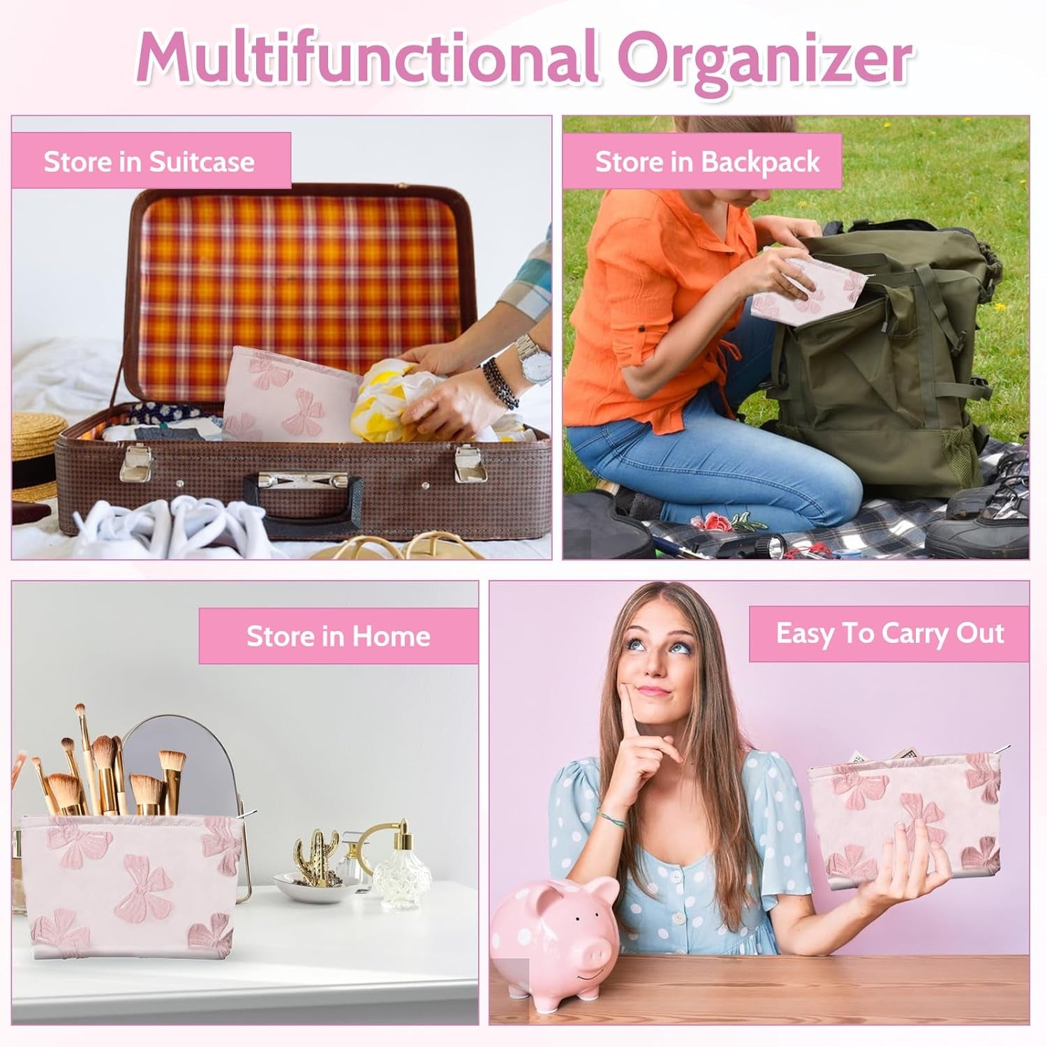 Makeup Bag Large Capacity Elegant Bow Preppy Cosmetic Bag Aesthetic Design Canvas Zipper Organizer Pouch Cute Roomy Pink Portable Toiletry Bag for Women Girls Travel Storage Accessories