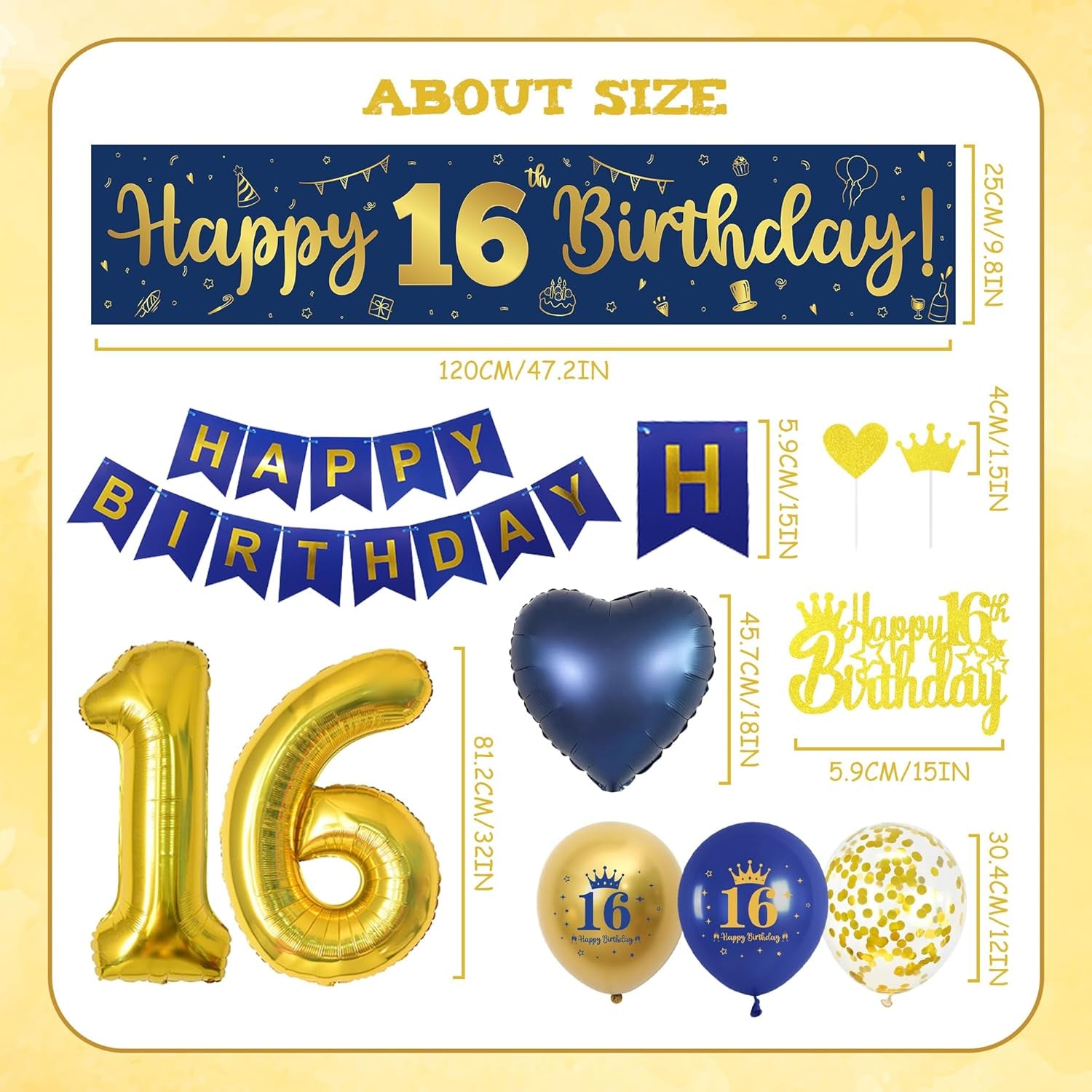 16Th Birthday Decorations Boys Navy - 47 Piece Navy Blue Gold 16Th Party Decor, Happy Birthday Banner, Number 16 Balloon, Cake Topper, Love Foil Balloons