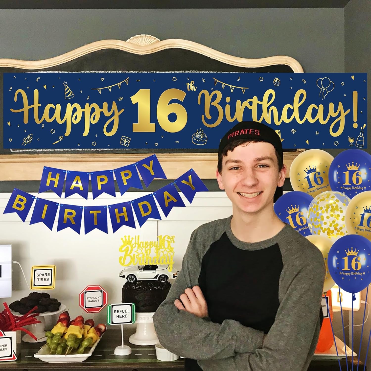 16Th Birthday Decorations Boys Navy - 47 Piece Navy Blue Gold 16Th Party Decor, Happy Birthday Banner, Number 16 Balloon, Cake Topper, Love Foil Balloons