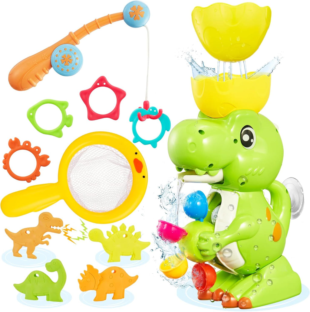 EKUEASYKU Dinosaur Bath Toys for Kids Ages 1-3 2-4 4-8 Toddler Bath Toys Whirling Waterfall Water Toys Fishing Games Bathtub Bath Time Tub Toys Girls Boys Color Movement Learning