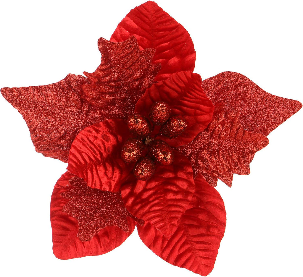 6-Pack Artificial Glitter Poinsettia Christmas Flower Ornaments Tree Decorations, 10-Inch, Red