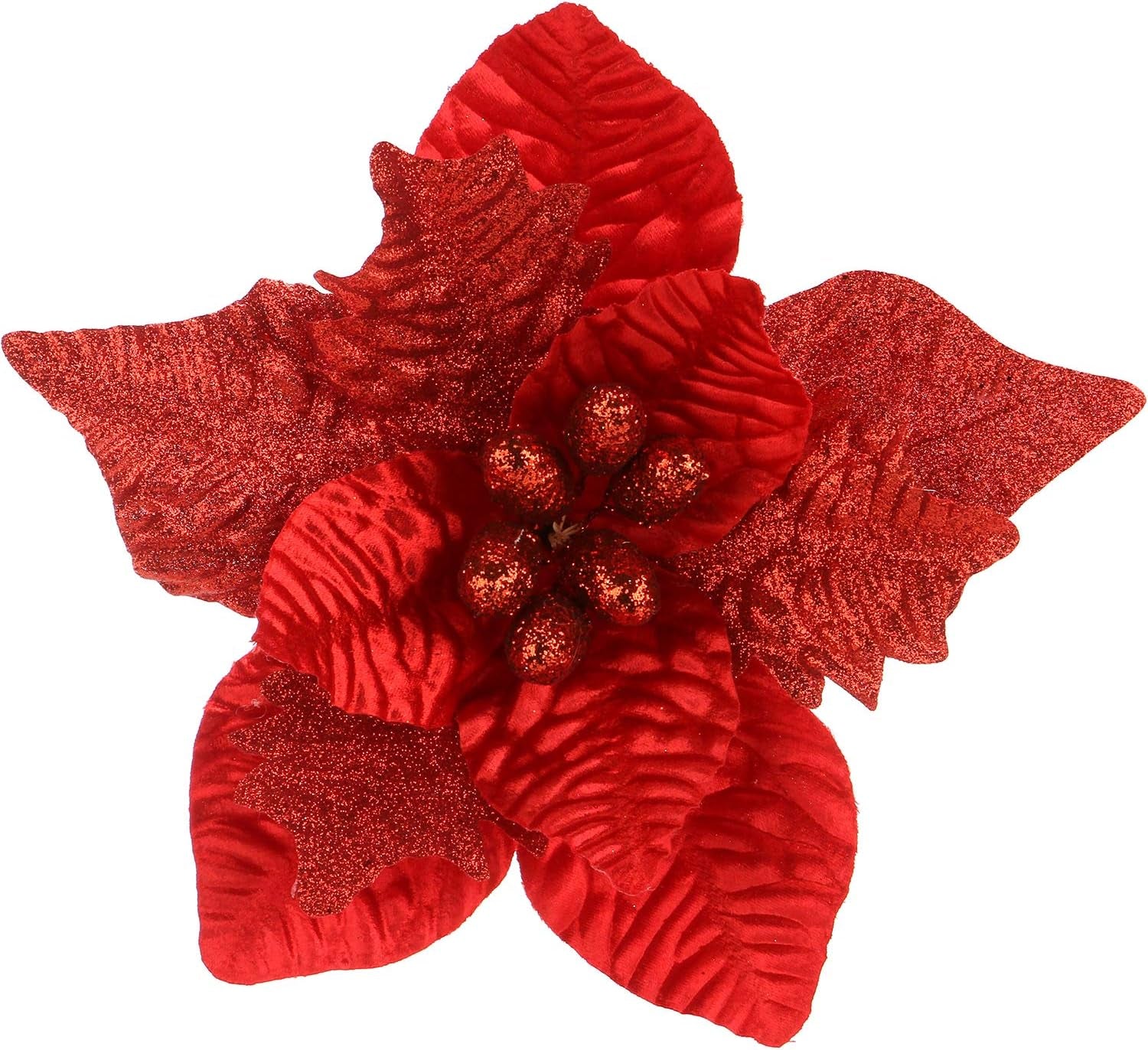 6-Pack Artificial Glitter Poinsettia Christmas Flower Ornaments Tree Decorations, 10-Inch, Red