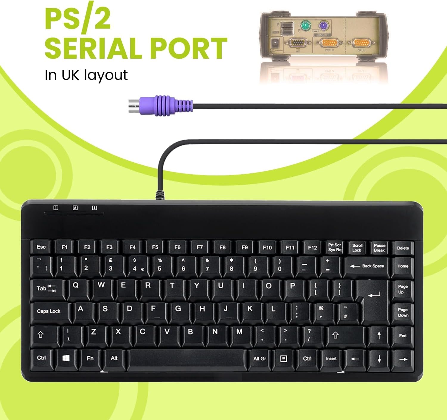 PERIBOARD-409P Wired Mini Keyboard, Compact PS/2 Interface, UK Layout, Black
