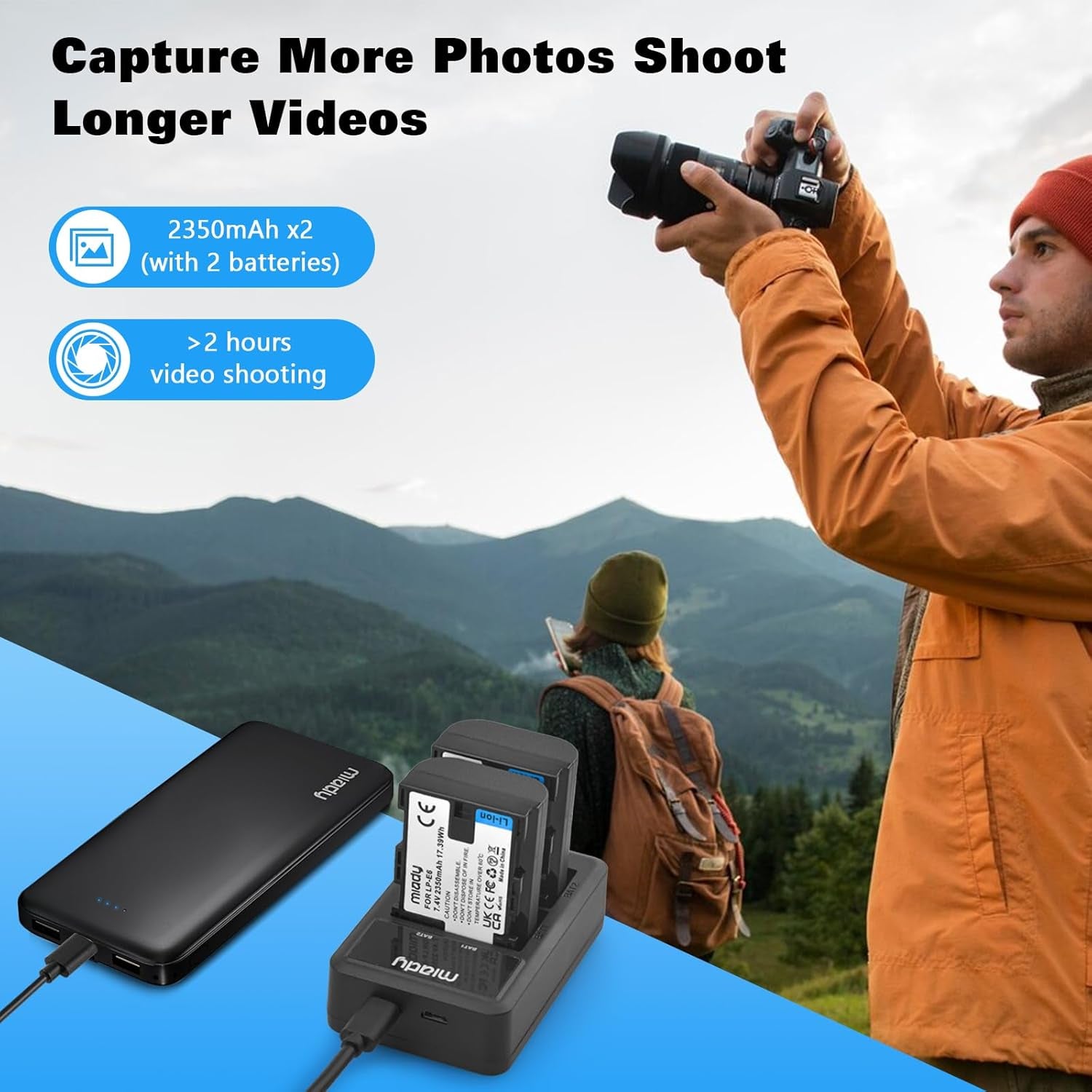 2-Pack LP-E6/LP-E6N Battery and Dual LCD Battery Charger Set - Compatible with EOS 5D Mark II, 5D Mark IV, 6D, 7D, 60D, 70D, 80D, 2350Mah/7.4V