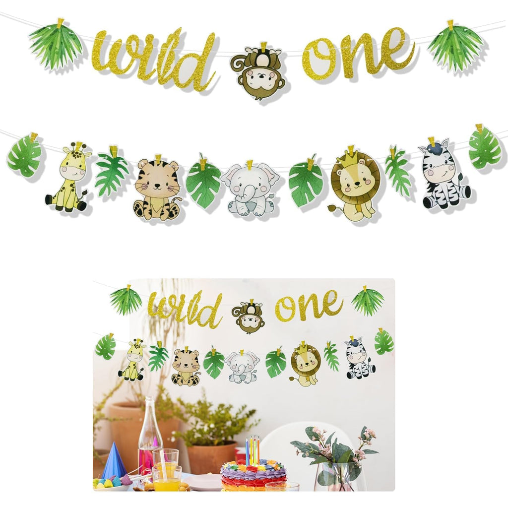 Wild One Jungle Animal Birthday Banner - Safari Theme Party Decoration for First Birthday, Easy to Hang