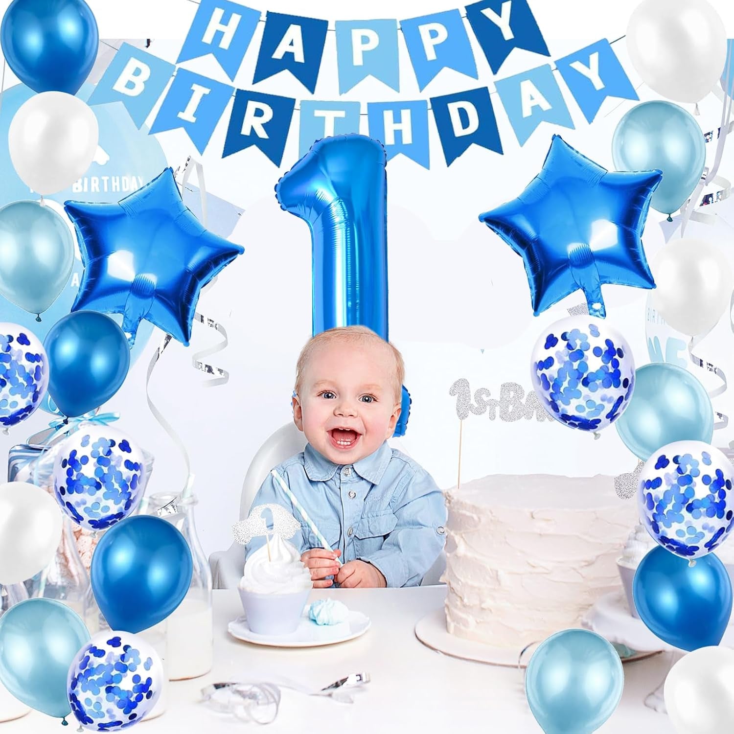 1St Birthday Decorations for Boys, Number 1 Balloon, Blue Silver 1St Party Decorations, Happy Birthday Bunting Banner, 32Inch Foil Number 1 Balloons Set for Birthday Party Anniversary Decorations