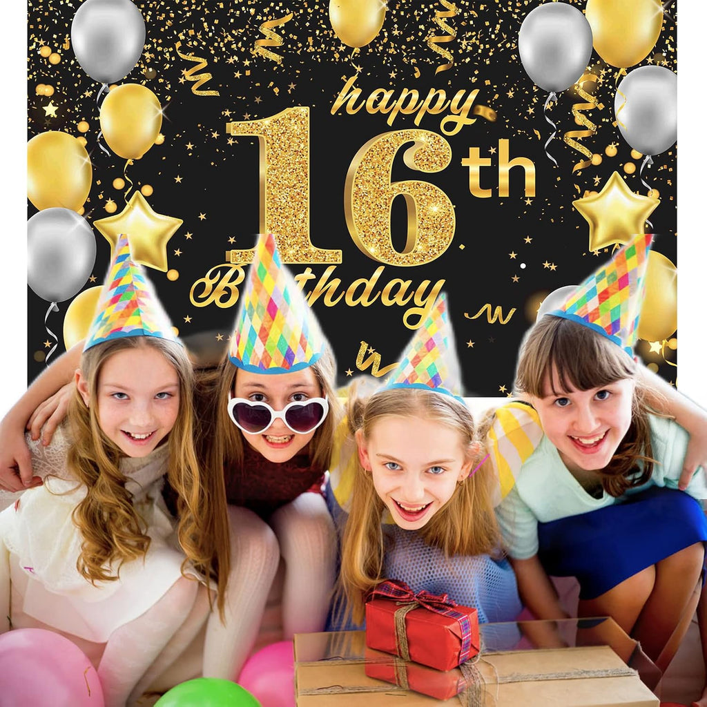 Happy 16Th Birthday Banner,16Th Birthday Decorations Black Gold,Party Backdrop Banner Fabric Banner.For Men Women 16Thbirthday Photo Backdrop,Photography Background,Outdoor Garden Table Wall Decor