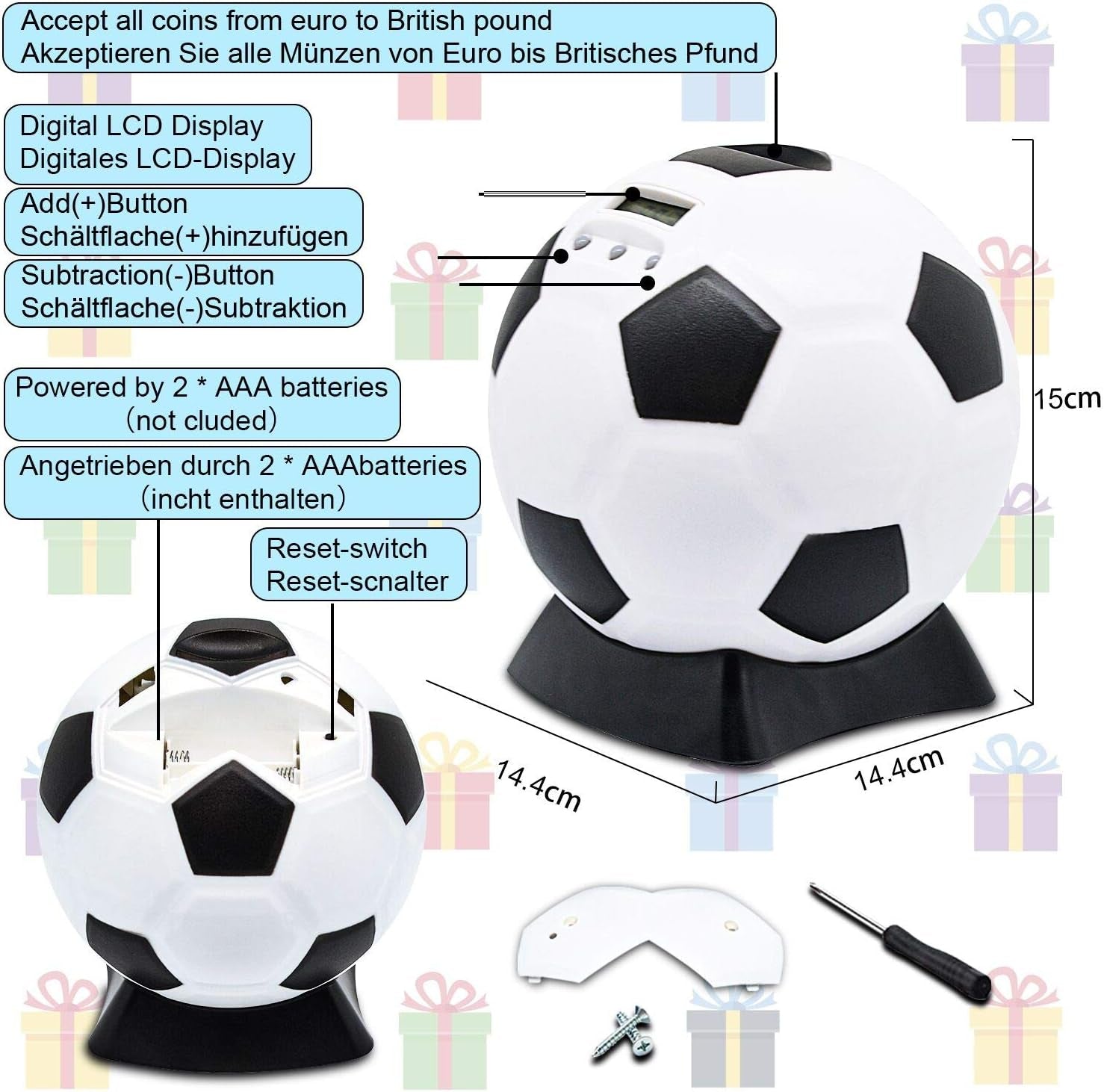 Digital Counting Box with Counter Football Piggy Bank Large for Children Early Education Box Large with Automatic LCD Display Balck White