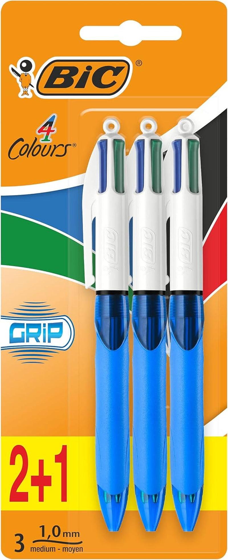 4 Colours Retractable Ballpoint Pens, Medium Point (1.0 Mm) Every-Day Writing Pens with Extra Comfort Grip, Blue, Pack of 3