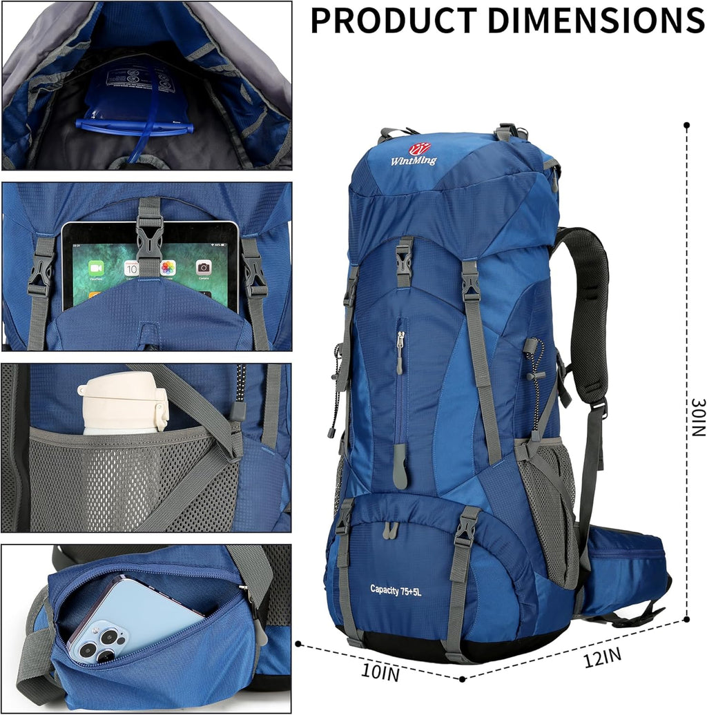 Hiking Backpack for Men and Women 70L+5L Waterproof Lightweight Camping Daypack with Rain Cover for Outdoor Travel Mountaineering - Frameless (Navy)