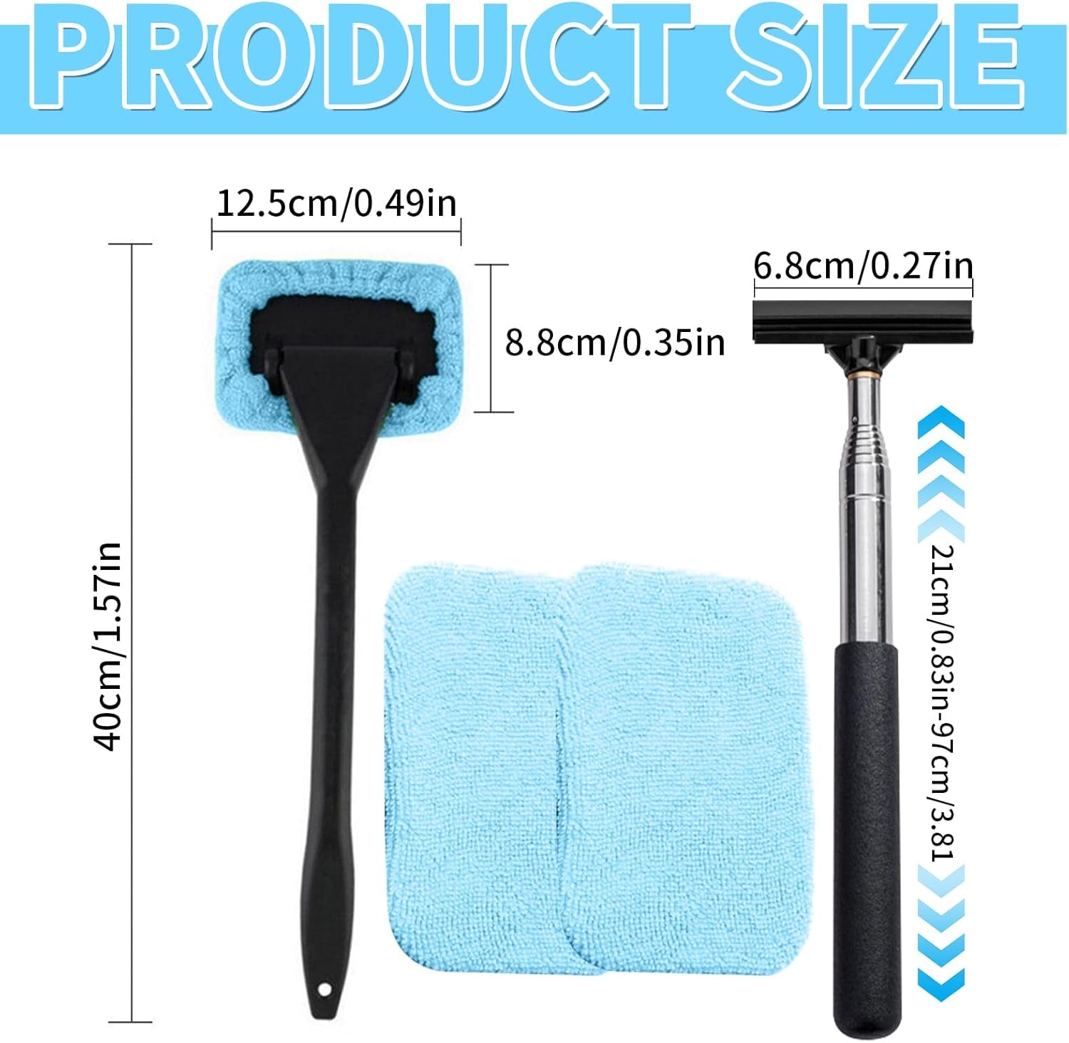 Window Cleaner Tool, Car Windscreen Cleaner Extendable Car Window Squeegee Set with 2 Reusable and Washable Microfiber Pads for Home and Outdoor