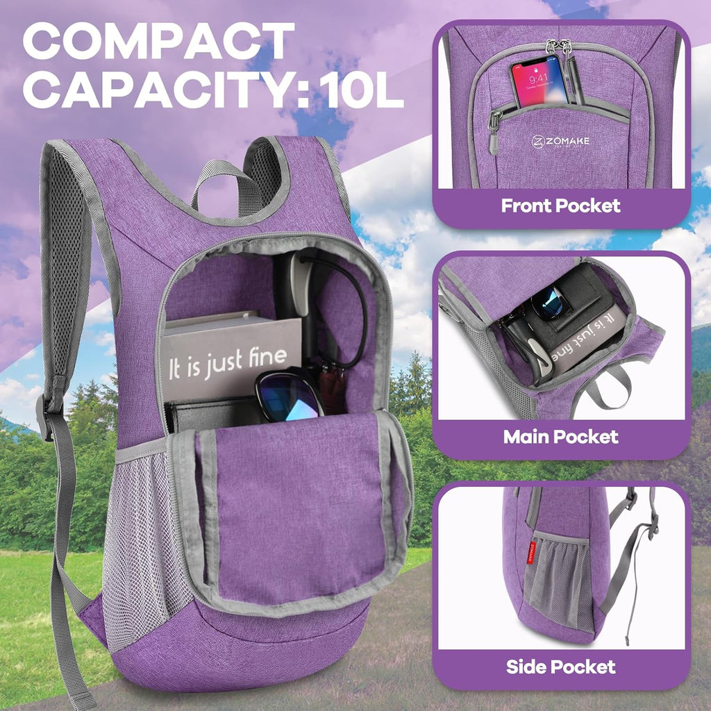 Ultra Lightweight Packable Backpack, 10L Small Daypack Light Foldable Backpacks Water Resistant Day Bag for Hiking (Light Purple)