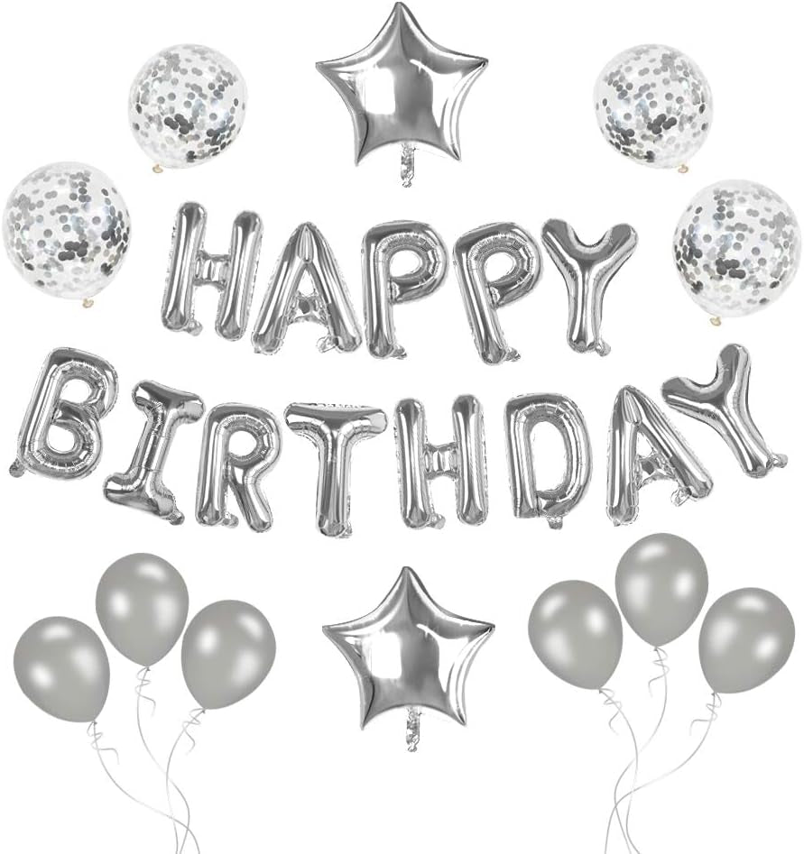 Happy Birthday Balloons, 16 Inch Happy Birthday Banner Party Decorations, Self Inflating Letter Silver Balloons for Adults Kids Party Decor