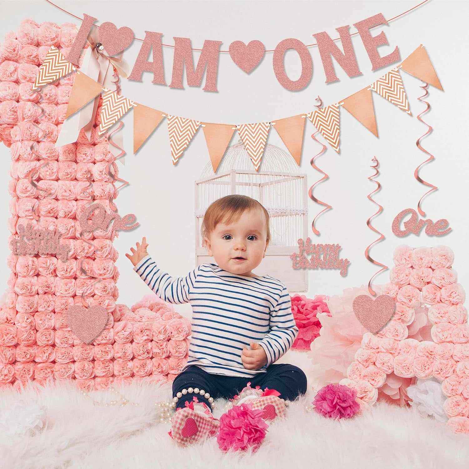 Happy 1St Birthday Decorations Banner - Rose Gold First Birthday Banners Bunting Set for Girls, Glitter Letter One and Heart Swirl Hanging for Baby One Happy Birthday Party Supplies
