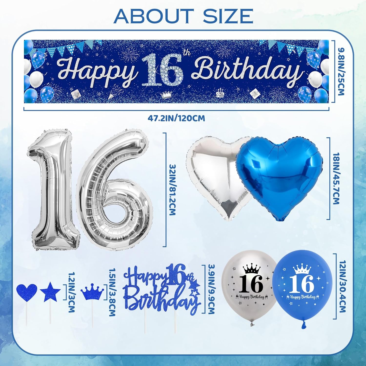 Boys 16Th Birthday Decorations Blue - 31 Pieces Blue Silver Party Decoration, Happy Birthday Banner, Number 16 Foil Balloons, Backdrop, Latex Balloon, Cake Topper for Kids Girl Anniversary Decor Gifts