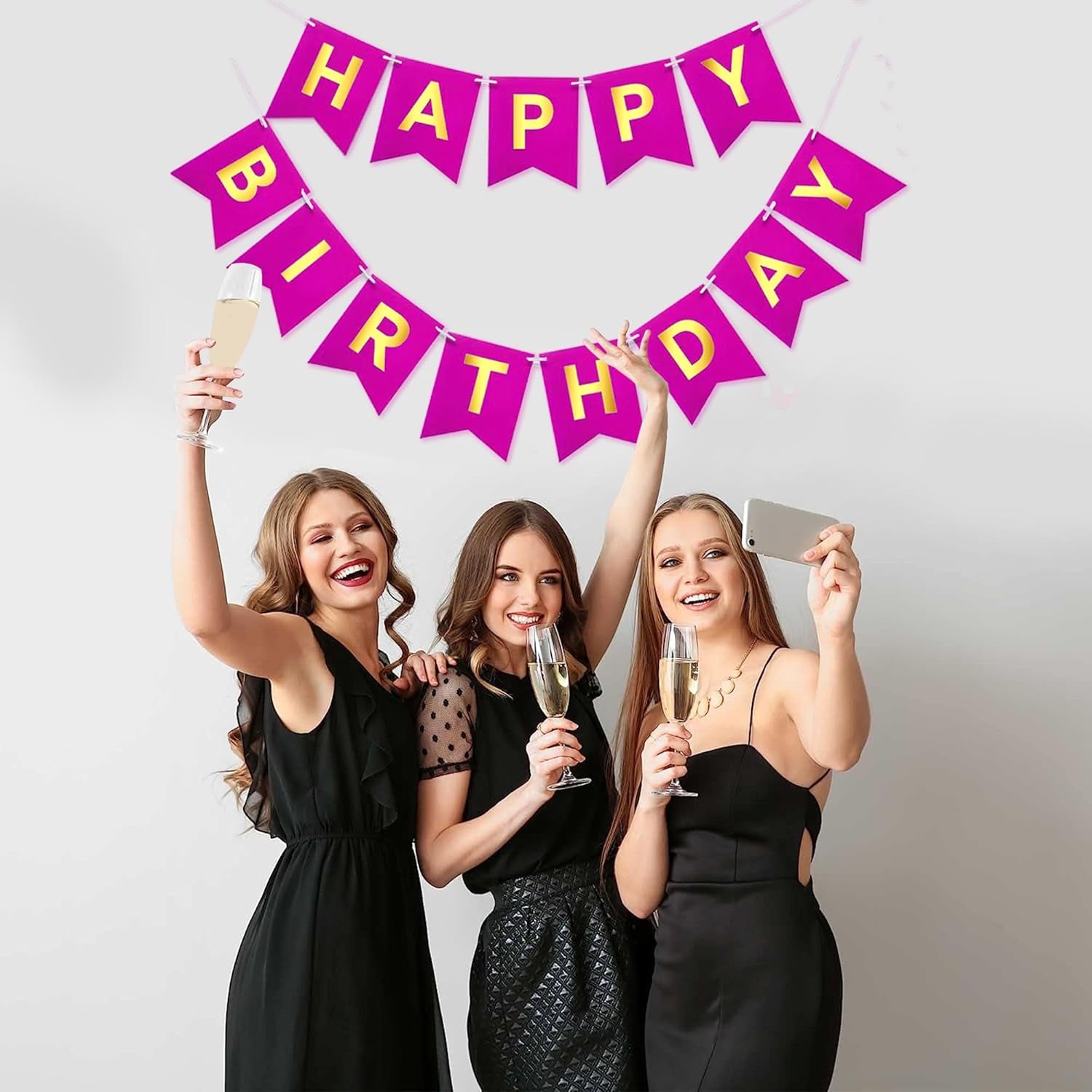 Pink Happy Birthday Bunting Banner Signs Golden Sparkle - Fun and Festive Party Supplies for Girls - Complete 13-Piece Birthday Decorations Set for Memorable Celebrations