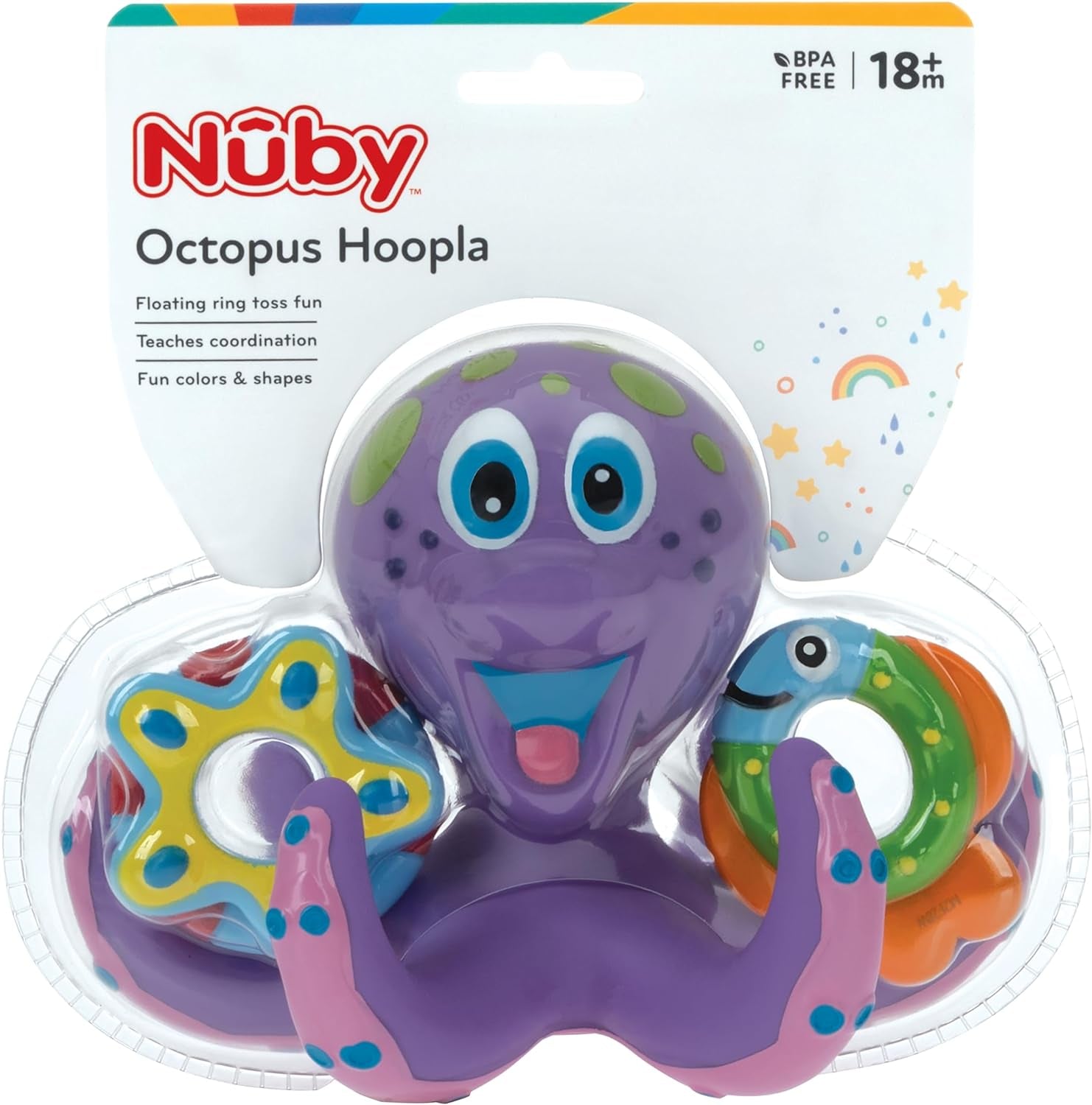 Floating Octopus Toy with 3 Hoopla Rings - Baby Bath Toy for Boys and Girls - 18+ Months - Purple (Pack of 1)
