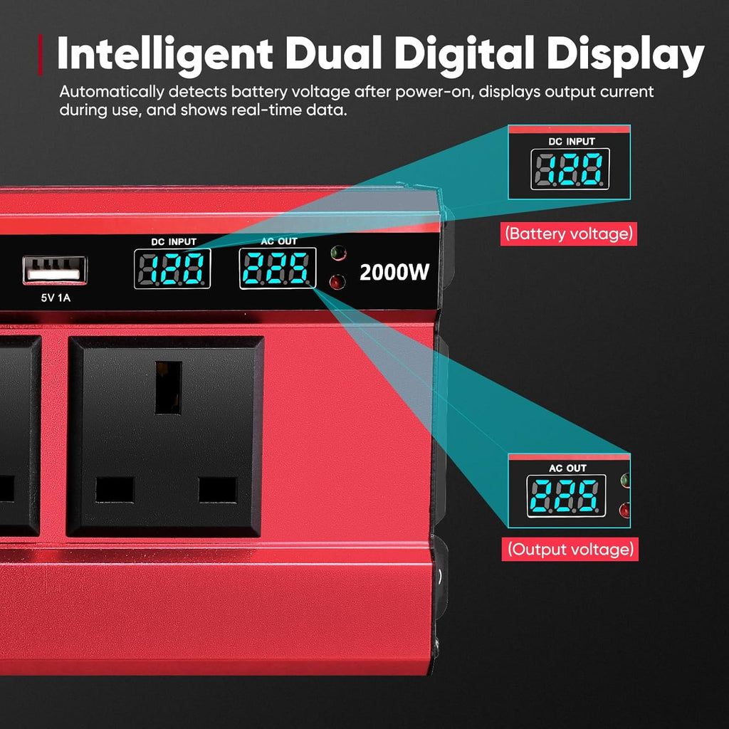 2000W Inverter 12V to 240V,Aluminum Car Power Inverter DC 12V to AC 240V with 3 UK Sockets 4 Usb,Pure Sine Wave Inverter with LED Display & 8-Tier Safety Protection for Travel, Camping