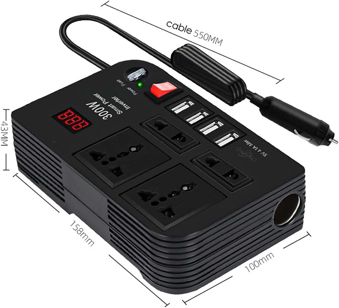 300W Car Power Inverter,Dc 12V to AC 220V Car Power Inverter with 4 AC Outlets 4 USB Ports