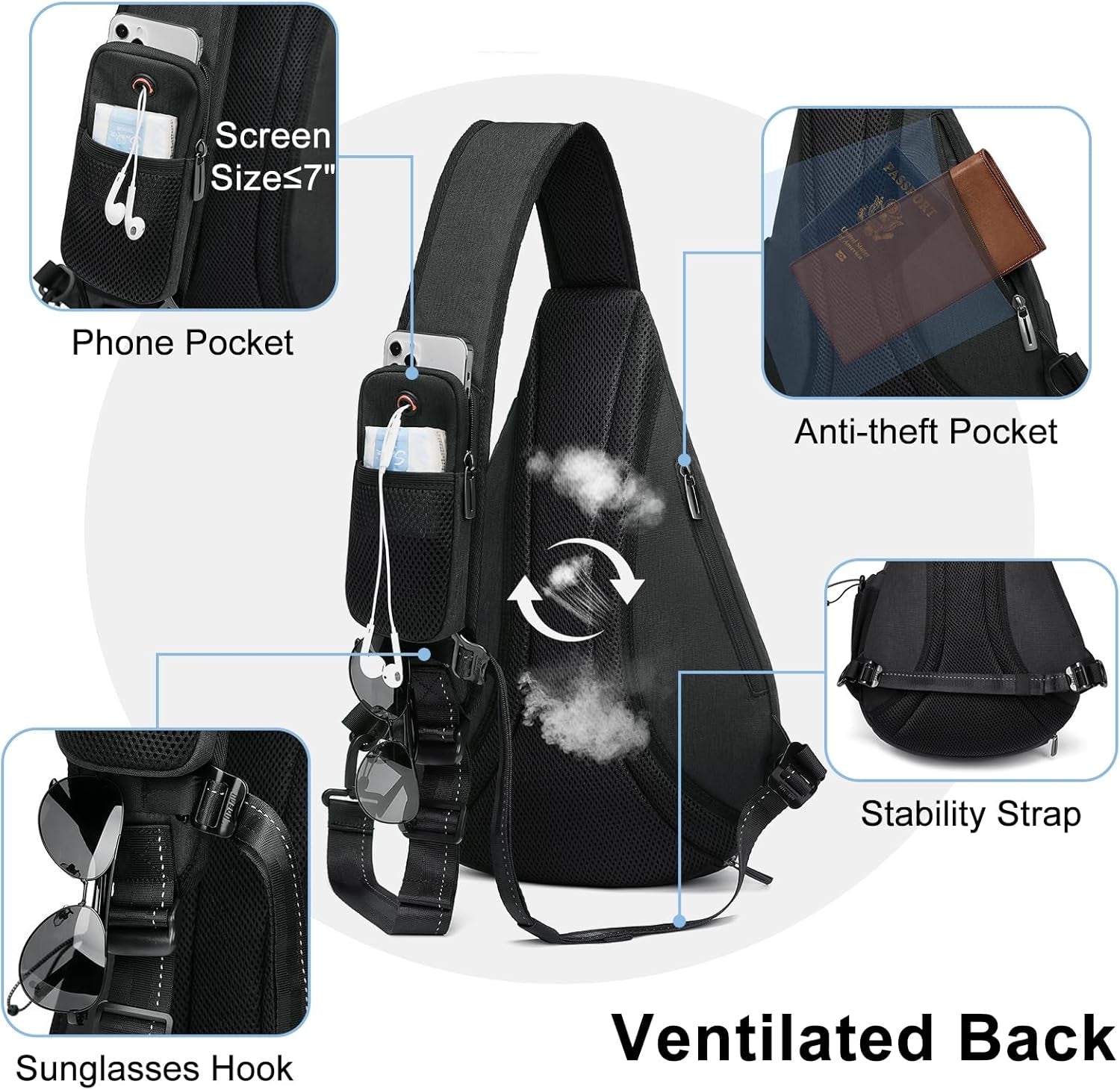 Sling Backpack, 8 Pockets Sling Bag Crossbody, 19L Large Sling Bag for Men Travel Crossbody Backpack Hiking Outdoor