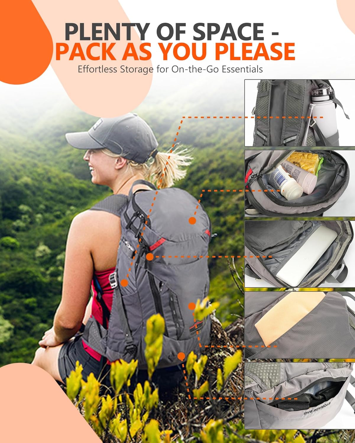 MANUEKLEAR 28L Small Hiking Backpack Men, Packable Backpack Outdoor Waterproof Backpack for Women and Men, Lightweight Backpack for Travel Daypack