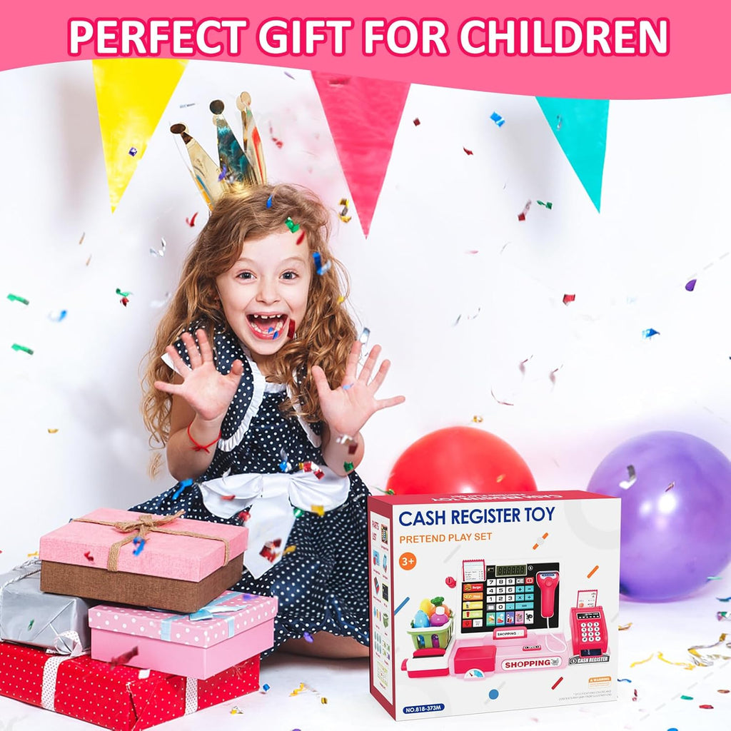Kids Cash Register Toy Playset with Real Calculator, Toddler Pretend Play Store Incl Scanner/Credit Card/Play Money/Conveyor/Food Toys, Learning Toys Gifts for Girls Ages 4-8 8-12, Pink