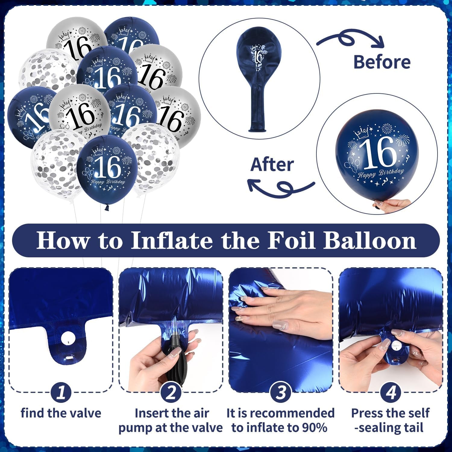 16Th Birthday Decorations Boys, Blue and Silver Happy 16Th Birthday Banner, Navy Blue and Sliver 16Th Birthday Balloons, Confetti Balloons 16Th Party Decorations for Boy, 16Th Birthday Party Supplies